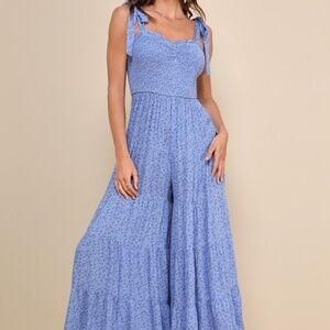 Lulus periwinkle Floral Smocked Tie-strap Jumpsuit